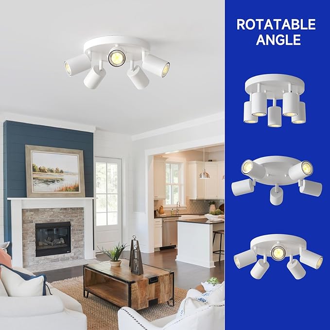 EGM Adjustable 5-Light Kitchen Spot Light Fixture, White Round Track Lighting Fixtures, GU10 Flush Mount Directional Ceiling Light for Bedroom