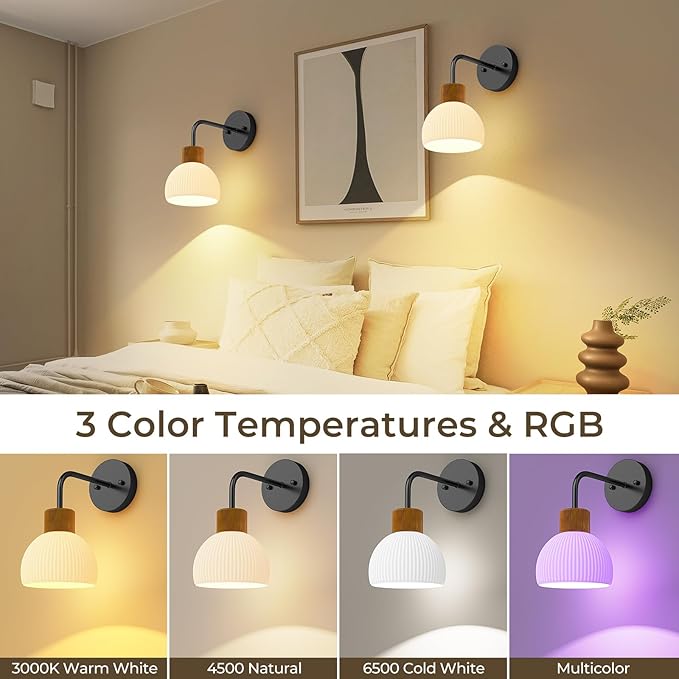 Glass Battery Operated Wall Sconces Set of 2, Rechargeable Wall Lamp with Remote, 12 Colors Dimmable Wireless Sconces Wall Decor Set of 2 with Timer for Bedroom Living Room (Black, 2 Pack)