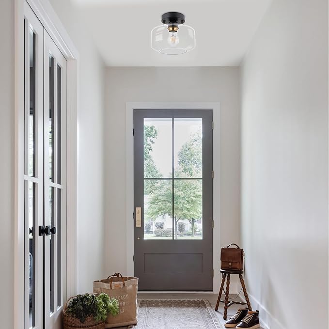BISAMIYA Modern Semi Flush Mount Ceiling Light - Matte Black with Brass Accent & 8.66” Clear Glass Shade - for Kitchen, Dining Room, Hallway & Entryway