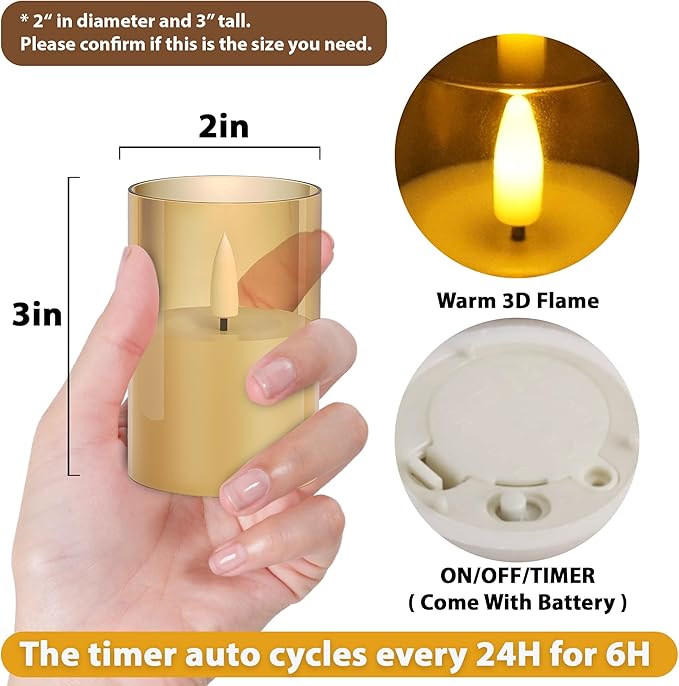 VIODAIM 12Pack Flickering Flameless LED Candles with Timer, Battery Powered - Small Pillar & Votive, Acrylic Made, Gold (2"X3")