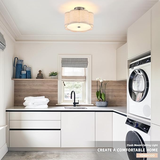 Semi Flush Mount Ceiling Light, Beige Linen Fabric Shade Ceiling Light, Chrome Modern Farmhouse Close to Ceiling Light for Bedroom, Hallway, Living Room, Dining Room, Laundry Room