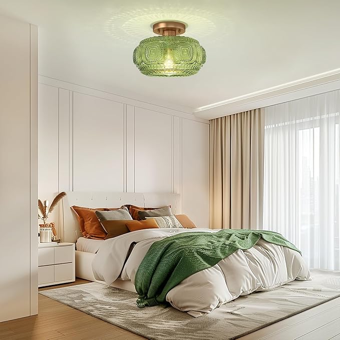 Semi Flush Mount Ceiling Light, Upgraded Larger Green Glass Ceiling Light Fixture, Vintage Lighting for Hallway Kitchen Bedroom Dining Room, Bulb Not Included