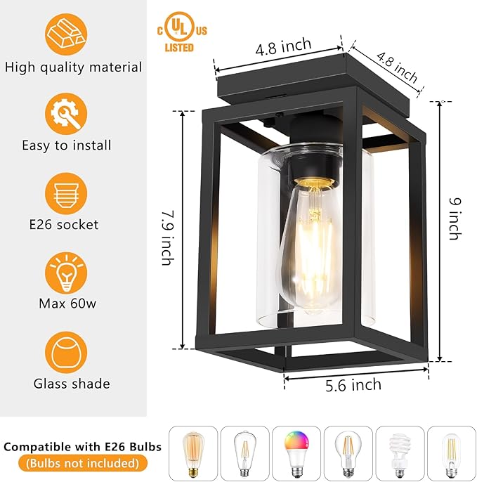 Baocuz Semi Flush Mount Ceiling Light Fixture, Black Metal Frame Porch Ceiling Light Fixture with Clear Glass Shade and E26 Ceramic Base, Farmhouse Light Fixtures for Kitchen Entryway Foyer