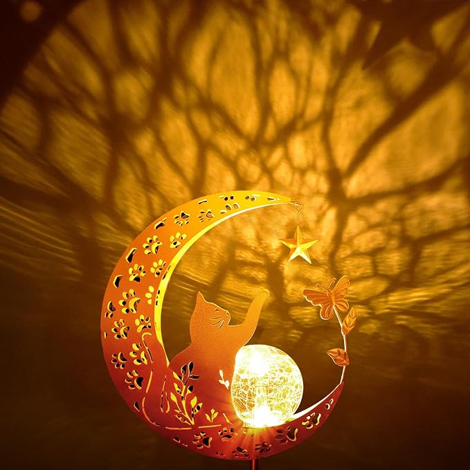 Solar Garden Decor Outdoor Statue, Moon Fairy Garden Figurines with Cat Design for Mom Women Grandma Solar Stake Lights for Patio, Yard, Lawn, Pathway (Warm White)
