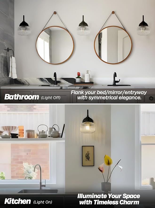 Vintage Wall Sconce Light, Black Bathroom Vanity Light with Hand-Blowing Clear Glass Farmhouse Hardwire Wall Mounted Lamp for Bathroom Mirror Living Room Bedroom Kitchen E26 Indoor