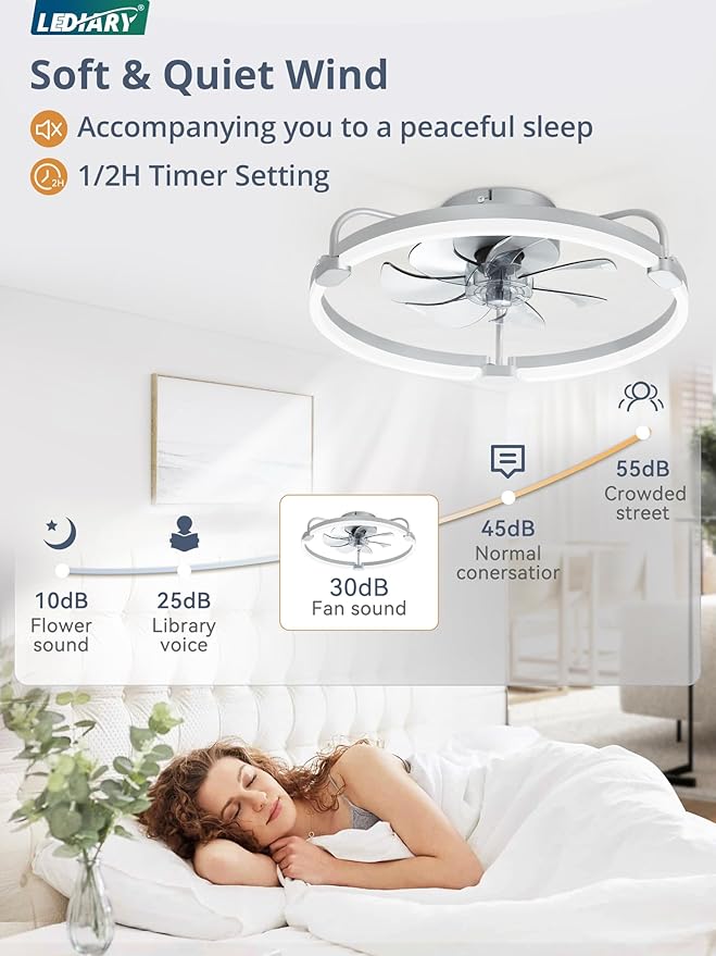 LEDIARY Ceiling Fans with Lights and Remote, 20'' Low Profile Ceiling Fan with Light, 3000-6000K Dimmable Fandelier LED Fan Light, 6 Wind Speeds, Grey Modern Flush Mount Ceiling Fan for Bedroom