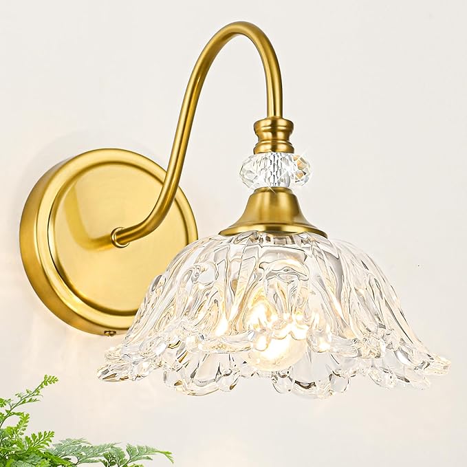 1 Piece Gold Wall Sconce with Floral Clear Glass Shade, Brushed Gold Finish Wall Mount Lighting for Bathroom,Vintage Bathroom Vanity Light Fixtures