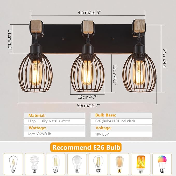 Farmhouse Bathroom Vanity Light, 3-Light Rustic Wood Bathroom Lighting Fixtures Over Mirror, Industrial Black Vanity Lights with Elegant Teardrop Lampshade for Bedroom Living Room Hallway