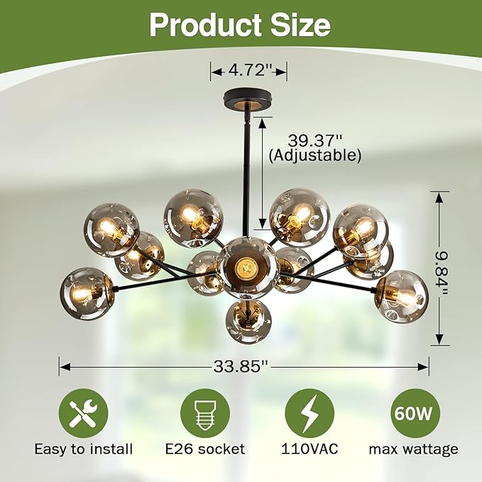 SZXYKEJI 12-Light Glass Chandelier，Large Sputnik Chandeliers for High Ceilings， Rustic Ceiling Lighting Fixture Pendent Light for Kitchen Dining Room Living Room Bedroom Office （Black）.