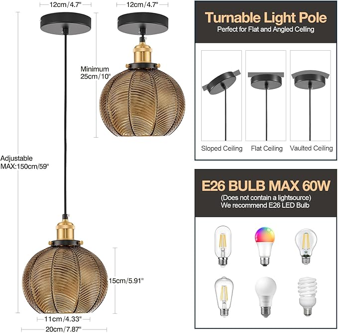 7.8in Vintage Pendant Light 1- Light Kitchen Sink Pendant Lights with Amber Hand Blown Glass Small Hanging Lamp for Kitchen Island Dining Room Bedroom Bathroom Hallway E26