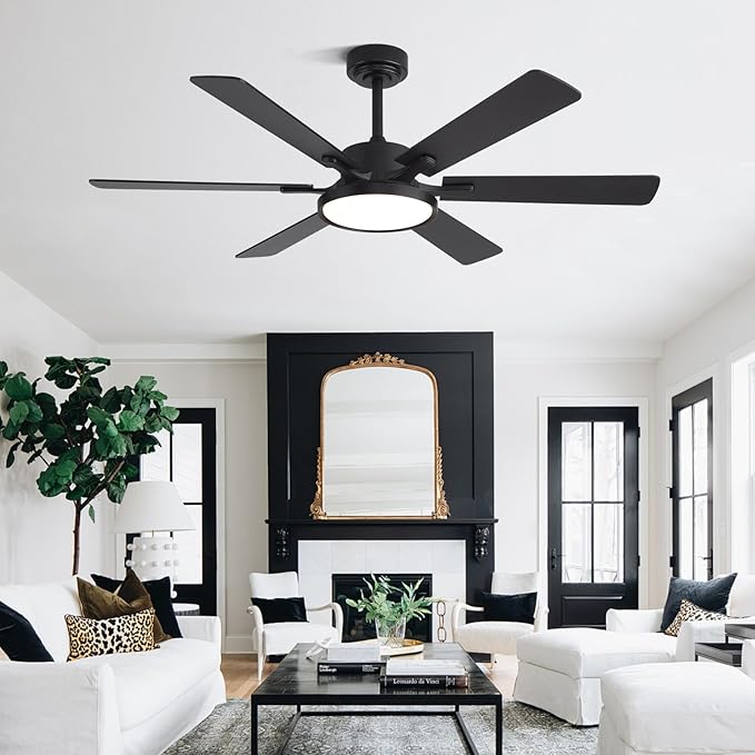 52in Black Low Profile Ceiling Fan with Light, Remote Control, 6 Blades, Dimmable LED, Flush Mount, Reversible, 6 Speeds, Ultra Quiet, Indoor Use, Bonus Wall Switch, Outdoor Rated