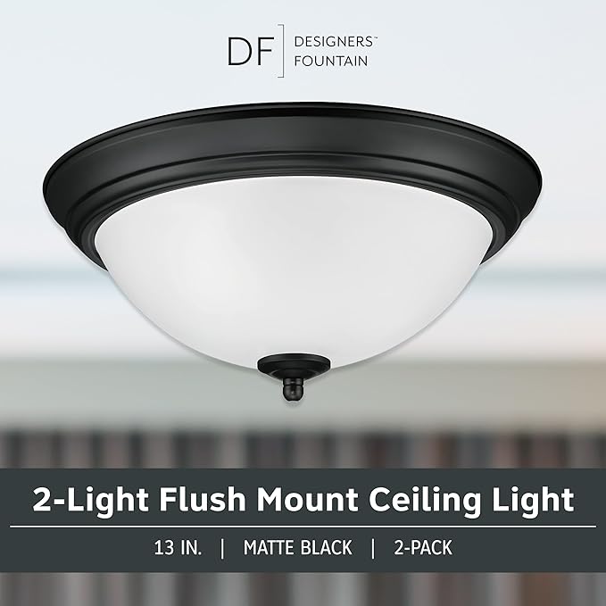 Designers Fountain Flush Mount Ceiling Light, 2-Pack, 13 Inch Frosted Glass Lighting Fixture for Kitchen, Bedroom, Bathroom, and Hallway, LED Bulbs Not Included, Matte Black