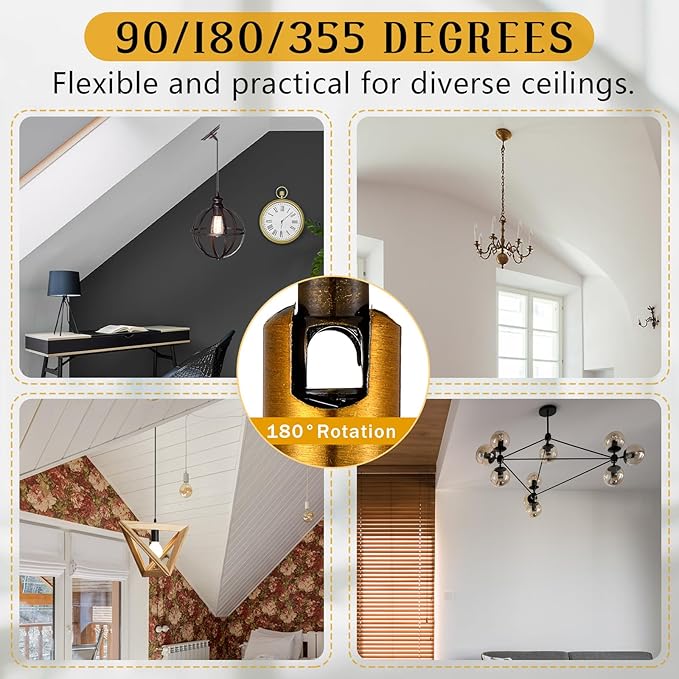 Tondiamo 4 Pcs Golden Sloped Ceiling Light Adapter 180 Degree Pendant Suspension Canopy for Chandelier Track Ceiling Lamp Pendant Vaulted Overhead Light Hanging Helper for Vaulted or Angled Overhead