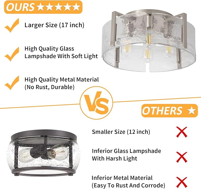 Nickel Semi Flush Mount Ceiling Light Fixture, 17.7-Inch Glass Drum Flush Mount Light Modern Foyer Lighting Fixtures Farmhouse Kitchen Lights for Entryway Hallway Bathroom Laundry Room Bedroom