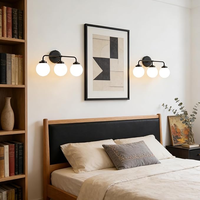 Bathroom Light Fixtures, 18.26'' Black Vanity Light, Modern 3 Lights Wall Sconce with Milky Glass Globe Shade, Mid-Century Bathroom Lighting Fixtures Over Mirror for Bathroom, Living Room