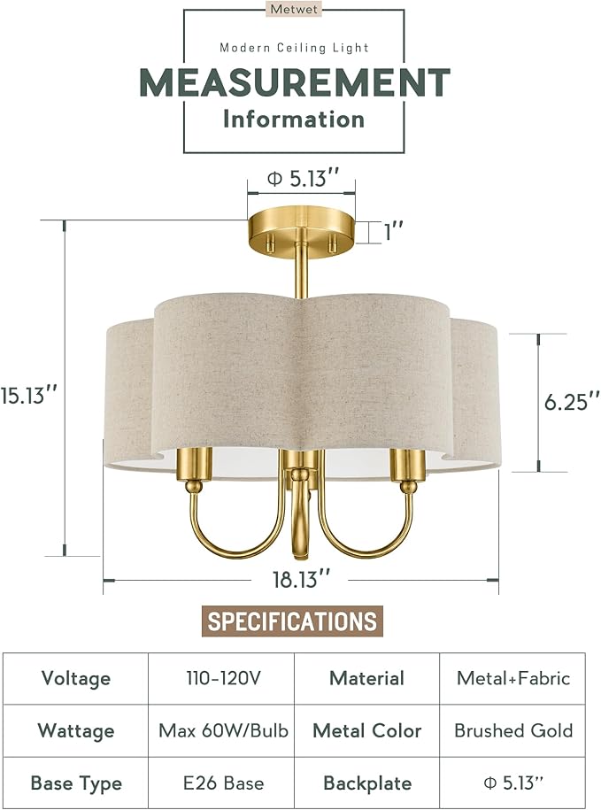 Gold Semi Flush Mount Ceiling Light, 18" 4-Light Light Fixtures Ceiling Mount with Brown Linen Petal Shade for Kitchen Nursery Entryway Hallway Bedroom, E26 Base, SM179-BG-L-6