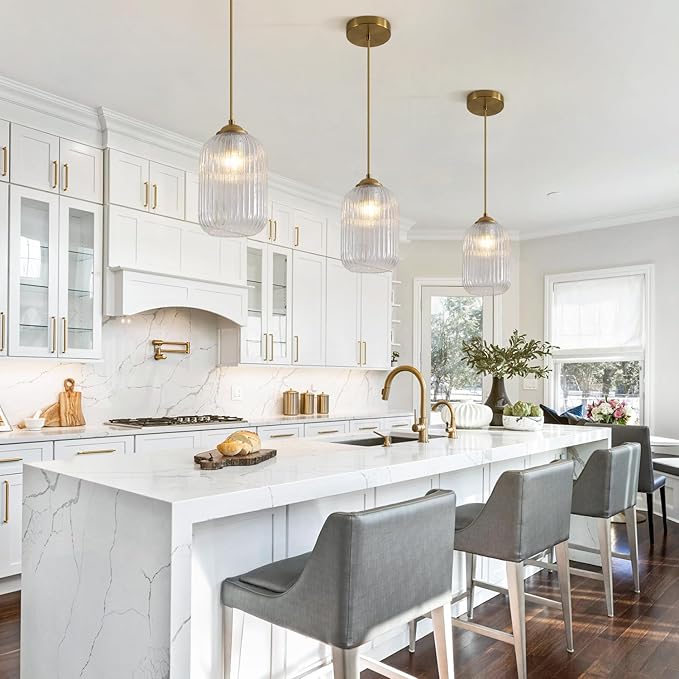 1 Light Mid Century Brushed Gold Pendant Lights Kitchen Island Modern Pendant Ceiling Light Clear Glass Hanging Lamp Mini Vintage Brass Hanging Light Fixture for Dining Room Bedroom MPL30-A
