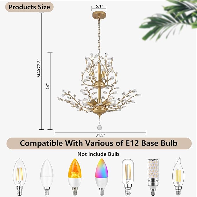 Gold Crystal Chandelier, Farmhouse 8-Light Large Branch Pendant Light with Adjustable Chain, 2-Tier Vintage Flower Ceiling Hanging Chandelier for Dining Room, Living Room, Kitchen, Hallway