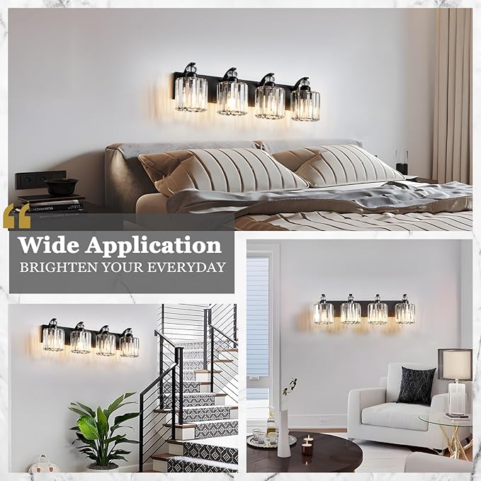 4-Light Black Bathroom Light Fixture Modern Vanity Lights Over Mirror Vintage Wall Sconce Lighting for Bathroom, Bedroom, Living Room, Hallway E26 Base with Crystal Bathroom Vanity Light