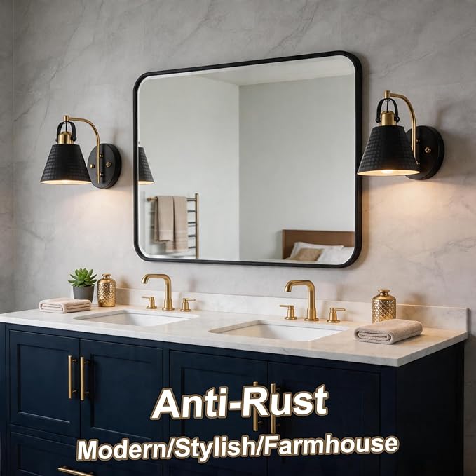 PAZALA Bathroom Sconces Set of 2, Black and Gold Wall Sconces Set of Two, Bathroom Vanity Light with Rotatable Metal Shade, Modern Farmhouse Wall Light Fixtures for Bath Mirror Bedroom Stair Hallway