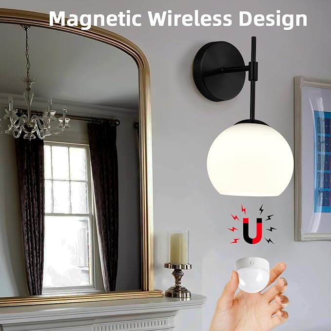 Battery Operated Wall Sconces Set of 2, Rechargeable Wall Lights with Frosted Glass Shade, 12 RGB and 3CCT Dimmable, Wall Lamps with Remote for Bedroom Living Room Hallway, Black