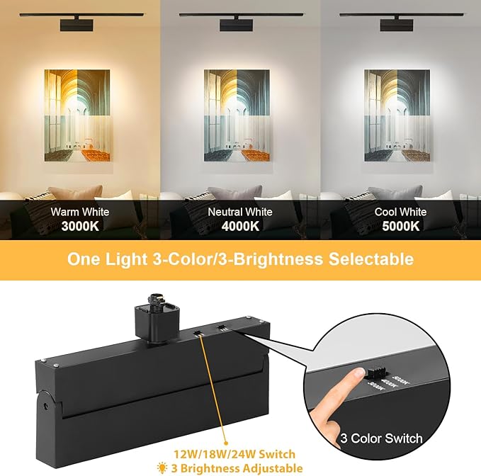VANoopee 3-Color Dimmable LED Track Lighting Heads H Type Bright Track Light Heads Ceiling Spotlight Fixtures for Kitchen Art, 3000K 4000K 5000K, Flood Wide Beam 100°, Flicker Free CRI90+ Black 24W