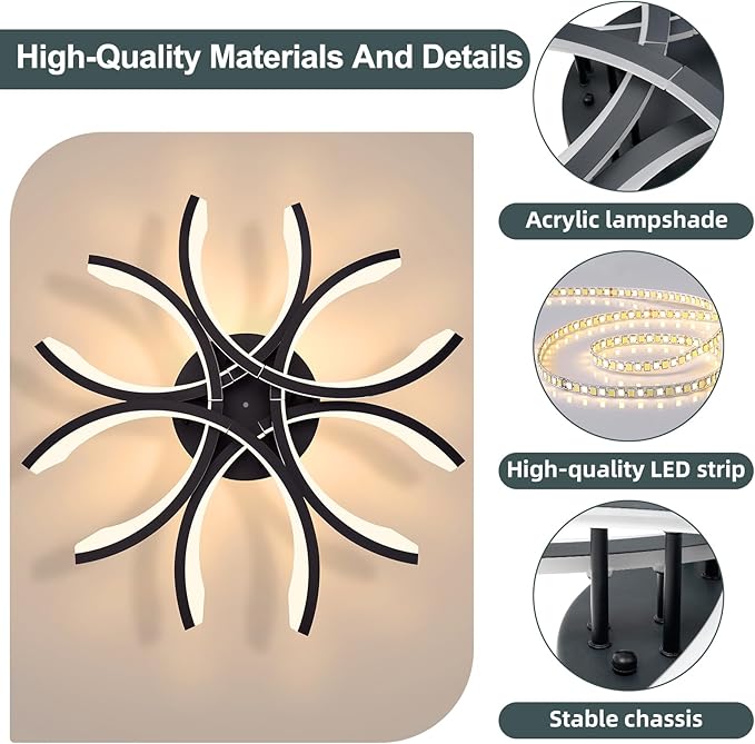 Modern LED Flush Mount Ceiling Light - 12 Lights Dimmable Close-to-Ceiling Fixture with Remote Control, 144W 3000K-6500K Adjustable Color Temperature for Bedroom, Living Room (Black)