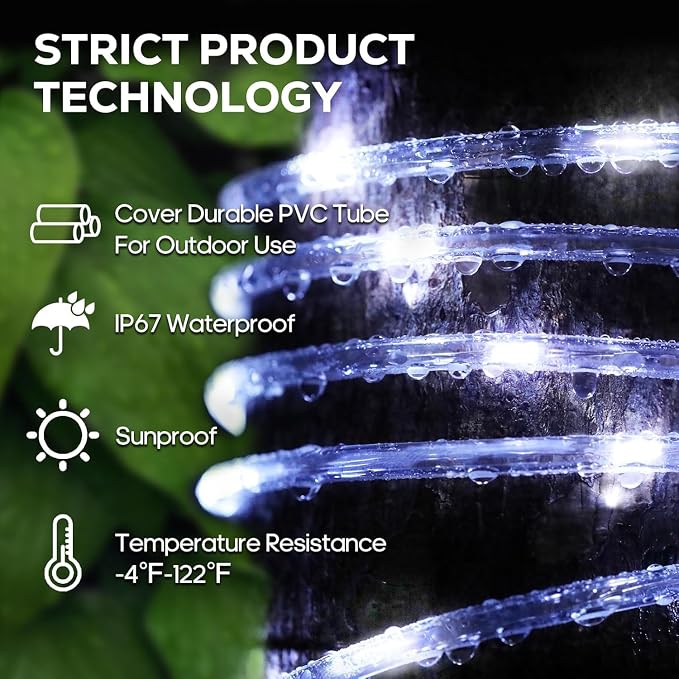 ICRGB Solar Rope Lights Outdoor, 39FT 100 LED Solar Rope Lights,IP67 Waterproof, 8 Modes, Outdoor Patio Porch Tree Wedding Christmas Pool Garden Decorative (Cool White, 39FT)