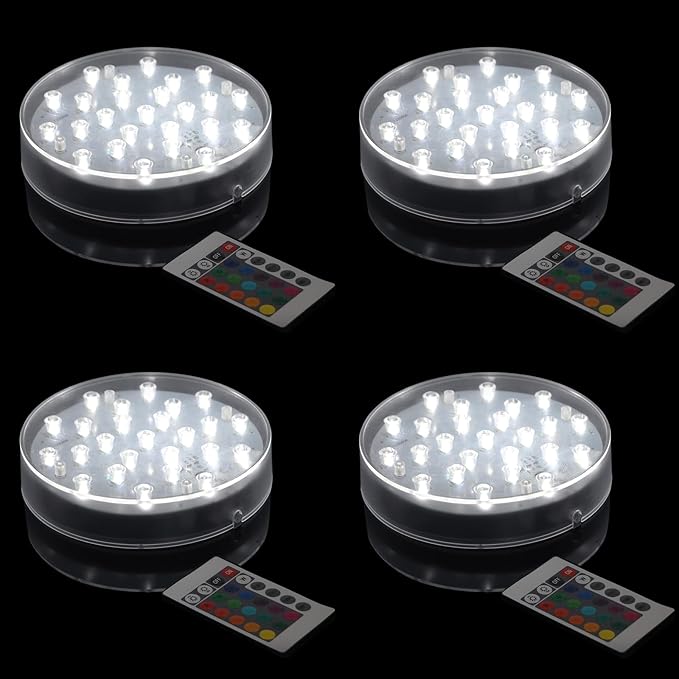 LARDUX Pack of 4 LED Lights Base with Remote - 6-inch Round Lights Display Stand for Effiel Tower Vase Crystal Glass Art LED Pedestal Base - Charging USB or Battery Powered