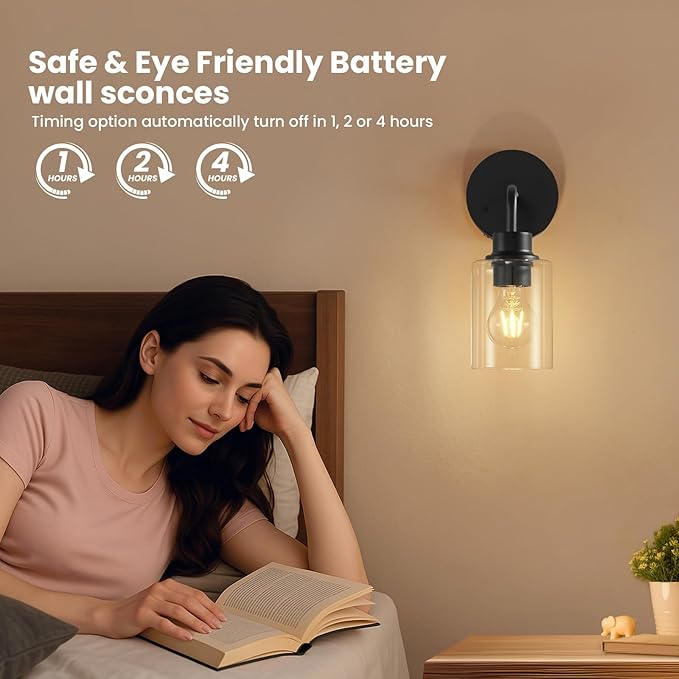 Epinl Battery Operated Wall Sconce Set of 2, Wireless Dimmable & Rechargeable Wall Lights with Timer Remote, 5000mAh Cordless Sconces for Bedroom Living Room Hallway Corridor, Black