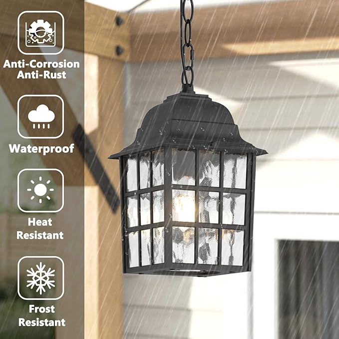 Outdoor Pendant Light 2 Pack, Exterior Ceiling Hanging Lantern Porch Light with Water Glass, 1-Light Outdoor Hanging Lantern Light Black Exterior Pendant Lighting Fixture for Porch