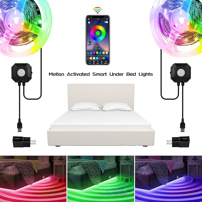 Under Bed Lights 2 Set*9.84ft Motion Activated RGB LED Strip Light, App Control/Variety Color/Dimmable/Dynamic Music Sync/5V USB, Motion Sensor LED Strip Light for Bed Cabinet Staircase Bedroom