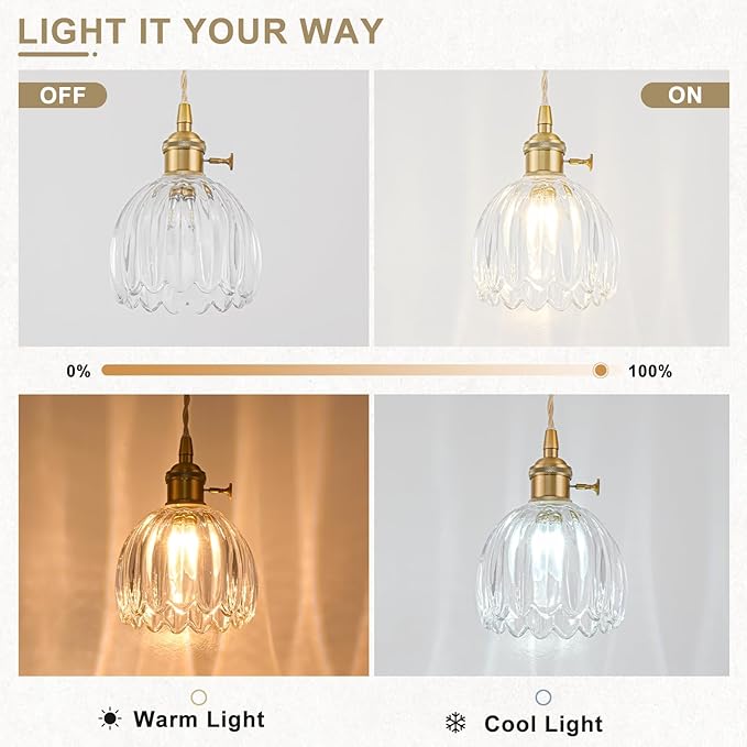 Plug in Pendant Light Fixtures, Hanging Light Fixture Vintage Glass Pendant Light, Mini Transparent Tulip Hanging Lamp, Pendant Lighting for Kitchen Island, Bedroom, Dining Room, Living Room