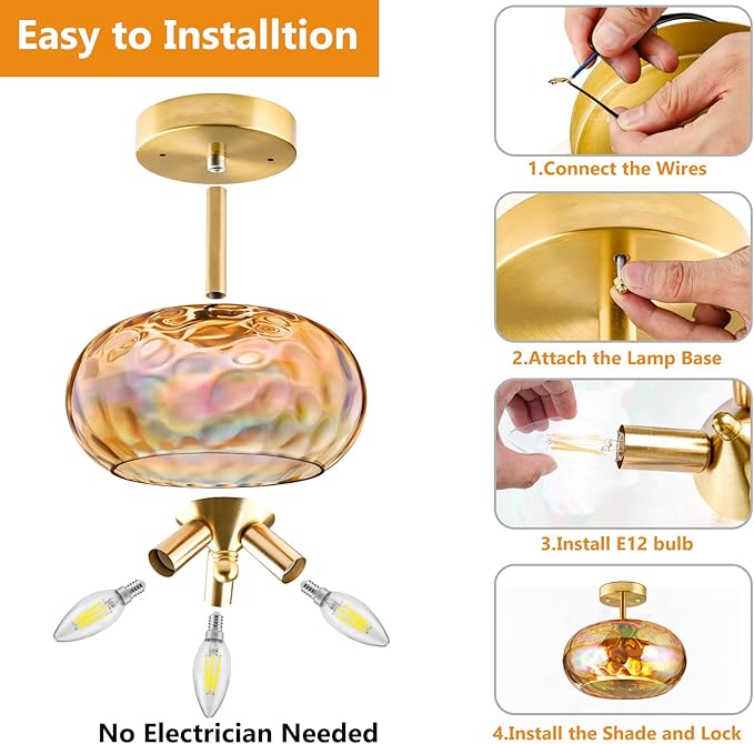 Ceiling Light Fixture, 14''& 3-Light Amber Vintage Semi Flush Mount Ceiling Light, Brass Rainbow Indoor Lampshade for Farmhouse, Bedroom, Kitchen, Living Room, Hallway Bulbs Not Included