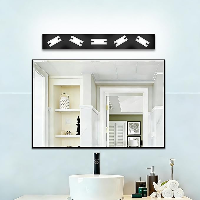 LED Bathroom Light Fixtures, 5-Light Modern Vanity Lights with Milky White Frosted Acrylic Shades, Matte Black Bathroom Lighting Fixtures Over Mirror, ETL Listed, 35W 5CCT Adjustable