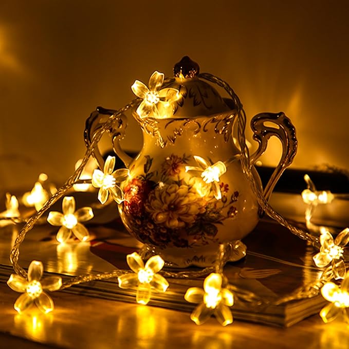Battery & USB Lighted 10ft 30 LED Warm White Fairy Flower String Lights | Cute Cherry Blossom Fairy Lamp Decor For Indoor Outdoor Christmas, Valentine's Day, Halloween, Easter, Xmas Tree Hanging