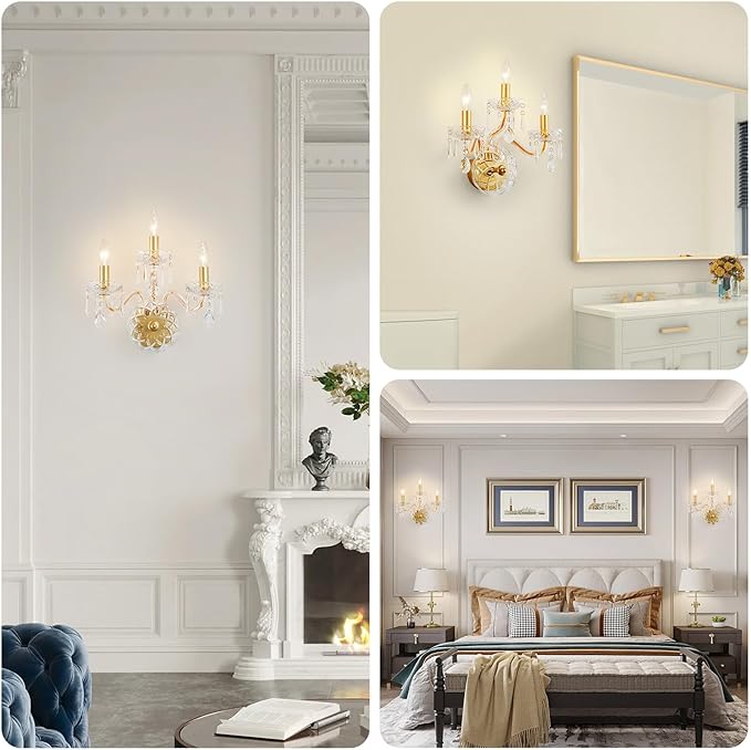 WUZUPS 3-Light Candle Vanity Wall Sconces Light Fixture for Bedroom Living Room Bathroom, E12 Base, Gold
