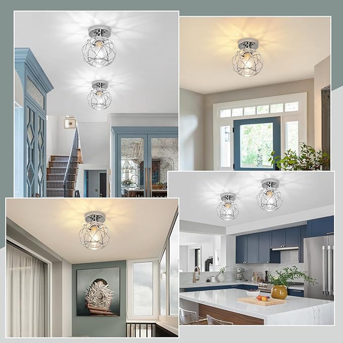 Hallway Ceiling Light Fixtures,Flush Mount Ceiling Lights Metal Cage Indoor Industrial Ceiling Lights E26 Semi Flush Mount Ceiling Light for Porch Entryway Foyer Bathroom(Chrome)