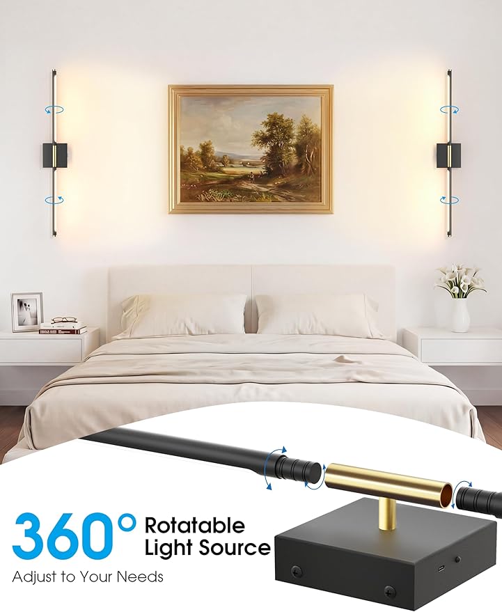 7800mAh Battery Operated Wall Sconces Set of Two, 34'' Rechargeable Wall Sconces with Remote, 360° Rotatable Battery Wall Sconce Decor, Wireless Wall Lights for Bedroom, Living Room(Black Gold)