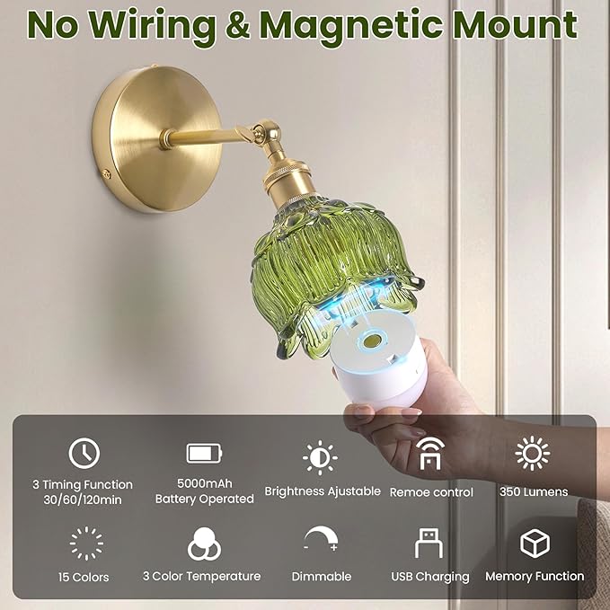 Vintage Battery Operated Wall Sconces - 5000mAh Rechargeable Dimmable Wireless Lights with Remote Control - Set of 2 Green Flower Glass Powered Light Sconce - Cordless Mounted Lighting for Bedroom
