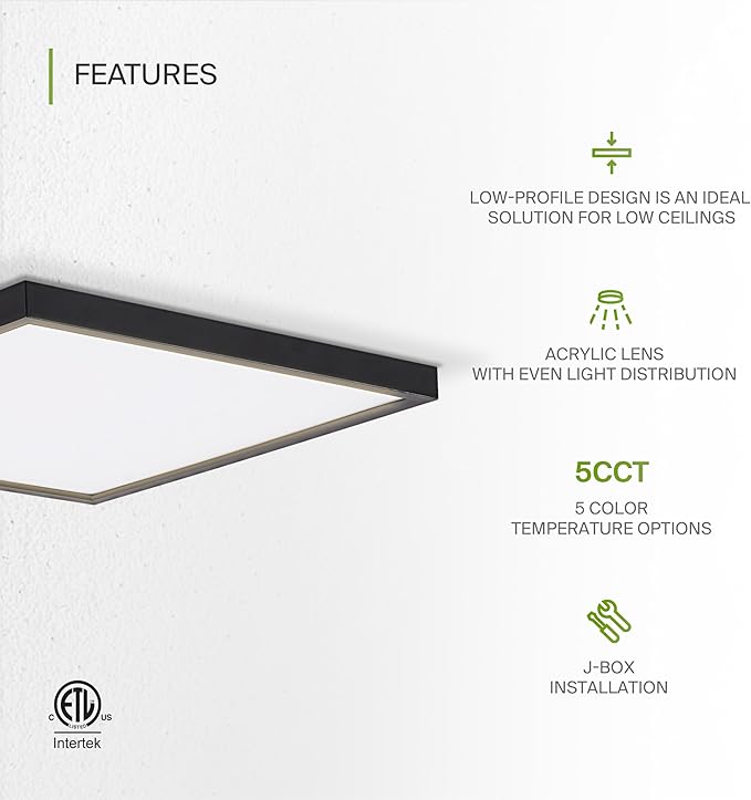 ASD LED 12" Square Flush Mount Ceiling Light Fixture, Low Profile Surface Lighting | 5CCT, Dimmable, Ultra-Thin, ETL Listed | 24W 1700LM 2700-6000K 120V | Kitchen, Hallway Lamp | Black, 4 Pack