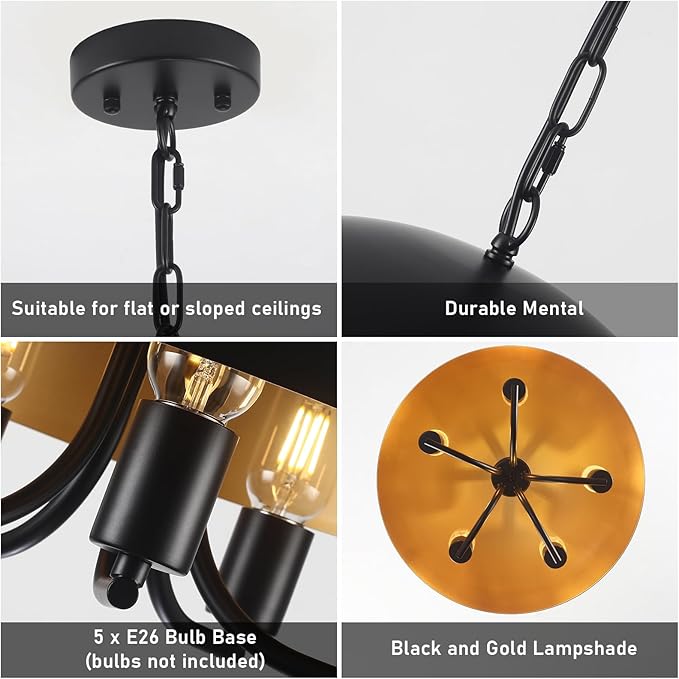 Black and Gold Ceiling Light - 17.7 Inch Black Large Farmhouse Dome Dining Room Chandelier 5-Lights Kitchen Island Pendant Hanging Lighting Modern Foyer Entryway Hallway
