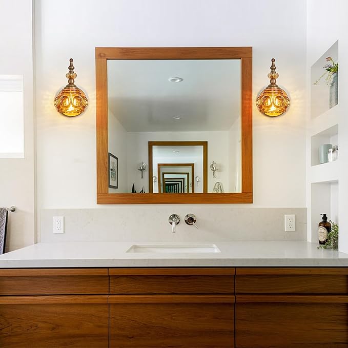 Vintage Wall Sconces with Amber Rose Glass Lampshade Bathroom Sconces Modern Wall Lighting Fixture for Bedside Bedroom Doorway