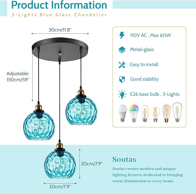 3 light Cluster Pendant Light, Mid Century Modern Dining Room Light Fixtures over Table, Kitchen Island Lights Ceiling Hanging Black, Blue Hammered Glass Chandelier Multi Pendant Light Fixture