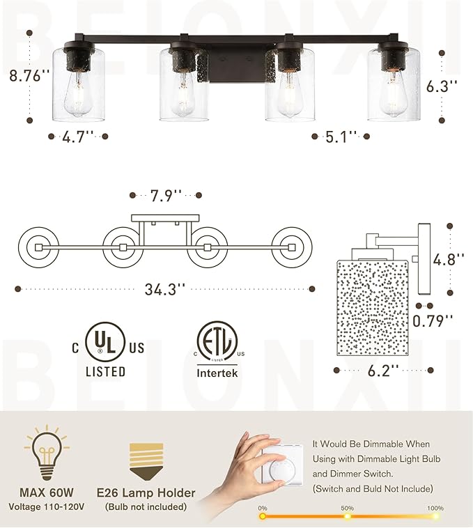 Beionxii Bathroom Vanity Lights, 4-Light Vintage Wall Sconce Light Fixtures, Oil Rubbed Bronze Finish with Clear Seeded Glass - MB9002 Series