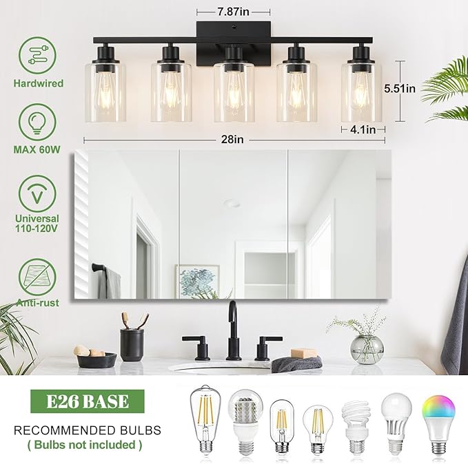 MOKATNG 5-Light Bathroom Light Fixtures, Vanity Light with Clear Glass Shades, Matte Black Bathroom Light Fixtures Over Mirror, Modern Bathroom Wall Lamp for Mirror Living Room Cabinet Bedroom