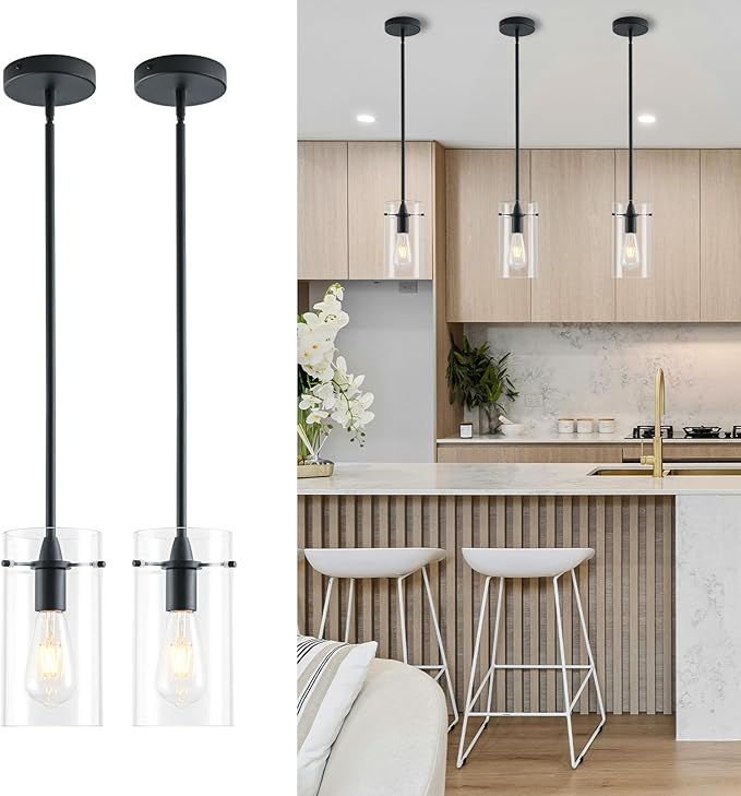 2 Pack Pendant Lights Kitchen Island, Adjustable Hanging Glass Pendant Light Fixtures, Matte Black Pendant Lights Kitchen Island, Modern Kitchen Pendant Lighting Over Island