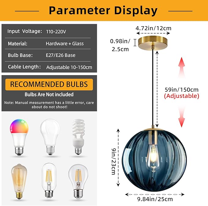 Modern Blue Glass Pendant Light, Kitchen Island Lighting 2-Pack Globe Pendant Light Fixtures Century Kitchen Island Pendant Lighting for Bedroom Living Dining Room Light Fixture (Without Bulb)