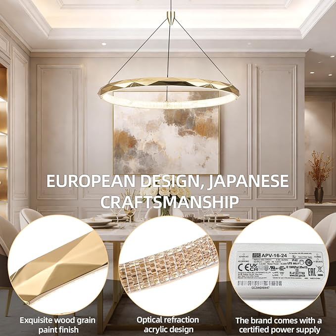 HEYAN Modern Gold Ring Chandelier, 24-Inch Faceted Geometric LED Pendant Light, Dimmable 3-Color Changeable Island Lighting, 36W Luxury Acrylic Crystal-Effect Ceiling Fixture for Dining Room & Kitchen