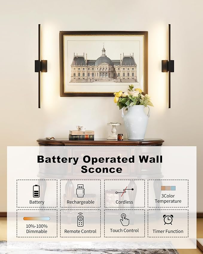 8000mAh Battery Operated Wall Sconce Set of 2, 3000K-6000K Dimmable Rechargeable Cordless Wall Sconces with Remote Control, Modern LED Wall Light with Timer Function for Living Room, 32 Inch Black